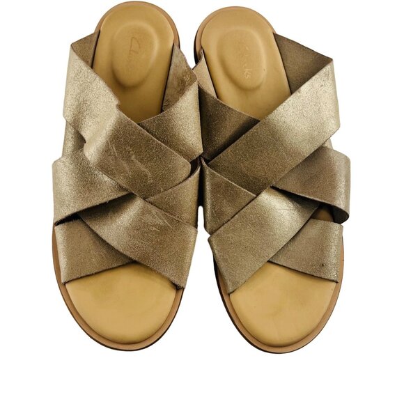 Clarks Women's Leather Flat Slip On Sandals Tan size 8 M - Picture 2 of 5